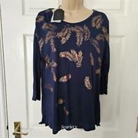 Fat Face Saffia Top Feather Foil Print Navy & Gold Size 10 Copper & Black New - 10 Regular