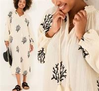 Fat Face Ivory Cream Coral Embroidered Midi Kaftan Dress size 12 Beach Beachwear - 12 Regular