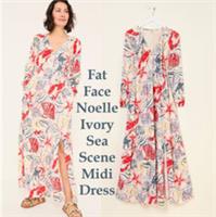 2025 FAT FACE Noelle Ivory Blue Red Sea Sealife Scene Midi SummerDress size 8 R - 8 Regular