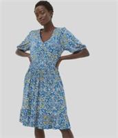 Ex Fatf Face Jersey Dress Womens Blue Lottie Aztec Stretch V-Neck Short Sleeve - 14 Regular