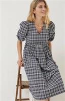 Fat Face Hannah Dress Navy Check Midi Size 18 Seersucker Cotton Mix Pockets BNWT - 18 Regular