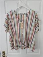 Fat Face Kitty Top Tie Front Size 18 Multicolored Stripe Cotton Viscose BNWT - 18 Regular