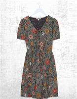 Ex Fat Face Womens Nell Detail Floral Short Sleeve V-Neck Midi Dress in Black - 14 Regular