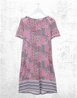 Ex Fat Face Womens Short Sleeve Simone Geo Patchwork Jersey Dress in Pink - 14 Regular