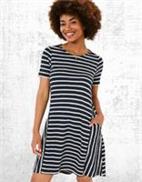 Ex Fat Face Womens Short Sleeve Simone Breton Jersey Dress in Navy Multi Stripe - 16 Regular