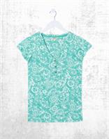 Ex Fat Face Womens Short Sleeve Henley Frill Patch Paisley Top in Blue - 16 Regular