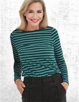 Ex Fat Face Womens Long Sleeve Breton Top in Green Stripe - 14 Regular