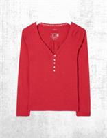Womens Fat Face Pyjama T-shirt Red Long Sleeve Soft Cotton Button Lace Trim - 14 Regular