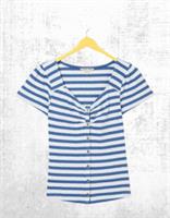 Womens Fat Face Jersey Top Short Sleeve Carly Stripe Button Up Top Blue - 12 Regular