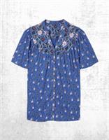 Womens Fat Face Top Cotton Button Up Short Sleeve Polly Layered Floral Blue - 12 Regular