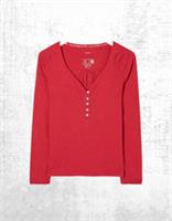 Womens Fat Face Pyjama T-shirt Red Long Sleeve Soft Cotton Button Lace Trim - 12 Regular