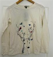 FatFace Deer Print T-Shirt Ecru Cotton Long Sleeve Size Aged 12-13 - NEW