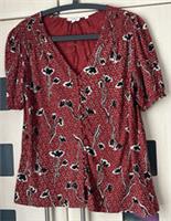 Fat FaceRed Floral Print Short Sleeve Jersey Button Through Top Size 12. New - 12 Regular