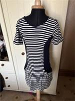 FATFACE Ladies Jacquard Tunic Top UK Size 8 Navy Stripe Cotton Short Sleeve NEW - 8 Regular