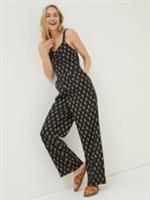 FatFace Black Linen Vic Woodblock Jumpsuit Size UK 12 R (40) - 12 Regular