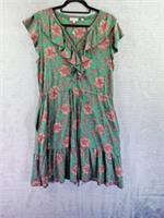 Fat Face 'Riley Bali Jersey Dress' Vibrant Green & Pink Floral UK 12R Drawstring - 12 Regular