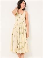 FatFace Maria Womens Ivory Plant Print Cotton Linen Midi Dress A-Line Pleated - 10 Regular
