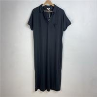 FatFace Midi Dress Victoria Polo Collar Black Grey UK 12 Hemp Cotton Linen Look - 12 Regular