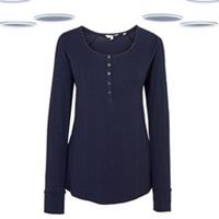 Ex Fat Face Womens Top Navy Long Sleeve Rib Henley Button Cotton - 12 Regular