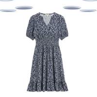 Ex Fat Face Women's Jersey Dress -Short Sleeve Geo Print Shirred Waist Navy - 20 Regular