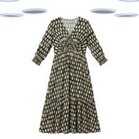 Ex Fat Face Women's Midi Dress - Shirred Waist Abstract Geo Print Green (Defect) - 12 Regular