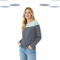 Ex Fat Face Women's T-shirt - Stripe Back Button Detail Long Sleeve Navy Mix - 12 Regular