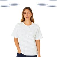 Ex Fat Face Women's T Shirt - Short Sleeve Embroidered Stripe Ivory - 16 Regular
