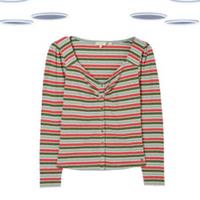 Ex Fat Face Womens Top - Long Sleeve Stripe Ruched Green Mix - 6 Regular