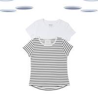 Ex Fat Face Women's T-Shirts - 2 Pack Short Sleeve Plain and Stripe Ivory/Navy - 14 Regular