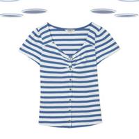 Ex Fat Face Womens Top - Short Sleeve Stripe Ruched Blue Mix - 12 Regular