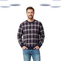 Ex Fat Face Men's Jumper - Long Sleeve Plaid Printed Navy Colour Block - M Regular