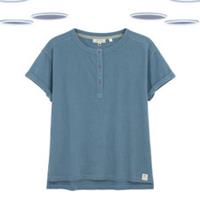 Ex Fat Face Women's T-shirt - Short Sleeve Texture Sleeve Henley Blue - 12 Regular