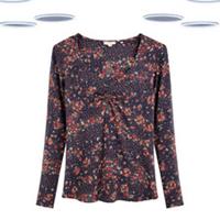 Ex Fat Face Womens Top - Long Sleeve Ruched Patchwork Floral Navy (Size 12) - 12 Regular