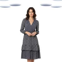 Ex Fat Face Women's Jersey Dress - 3/4th Sleeve Geo Printed Tiered Navy - 16 Regular