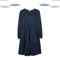 Ex Fat Face Women's Dress - Long Sleeve Smocked Tiered Jersey Navy
