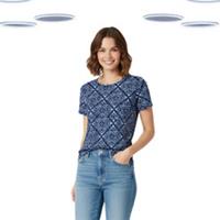 Ex Fat Face Women's T-Shirt - Short Sleeve Ivy Ikat Floral Blue (Defect) - 18 Regular