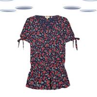 Ex Fat Face Women's Top - Short Sleeve Shirred Bay Floral Navy Multi (Size 6) - 6 Regular