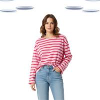 Ex Fat Face Women's T-shirt - Stripe Long Sleeves Drop Shoulder Pink (Size 12) - 12 Regular