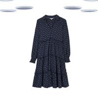 Ex Fat Face Women's Midi Dress - Spotted Tiered Long Sleeve Jersey Navy - 10 Regular