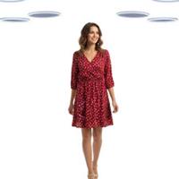 Ex Fat Face Women's Dress - 3/4 Sleeve Floral Jersey Warp Daisy Red (Size 12) - 12 Regular