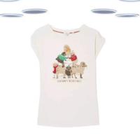 Ex Fat Face Women's T-Shirt - Festive PJ Bleating Sheep Ivory (Size-10) - 10 Regular