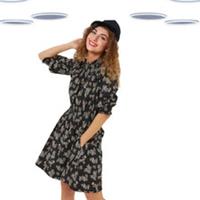 Ex Fat Face Women's Dress - 3/4th Sleeve Jersey Ditsy Floral Black - 10 Regular