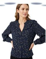 Ex Fat Face Womens Blouse - Long Sleeve Ruffle Sparkling Foil Star Print Navy - 6 Regular