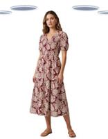 Ex Fat Face Womens Dress- Tiered Short Sleeve Jersey Print Plum Red (Size 12R) - 12 Regular