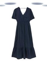 Ex Fat Face Women's Linen Midi Dress -Short Sleeve Woven Faux Wrap Navy (Size 6) - 6 Regular