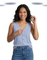 Ex Women's Button Tank Top - Fat Face V Neck Summer Blue Stripe Vest (Imperfect) - 14 Regular