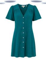 Ex Fat Face Teal Button-Front Textured Mini Dress Puff Sleeves (Slight Defect) - 12 Regular