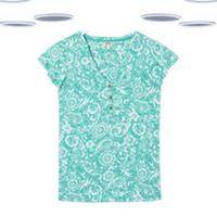 Ex Fat Face Women's Top - Henley Short Sleeve Frill Paisley Blue (Slight Defect) - 12 Regular