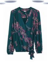 Ex Fat Face Women's Floral Jersey Print Wrap Blouse Teal Green (Slight Defect) - 8 Regular
