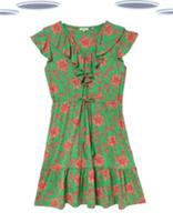 Ex Fat Face Women's Short Sleeve Ruffle Neck Jersey Dress in Floral Green - 12 Regular